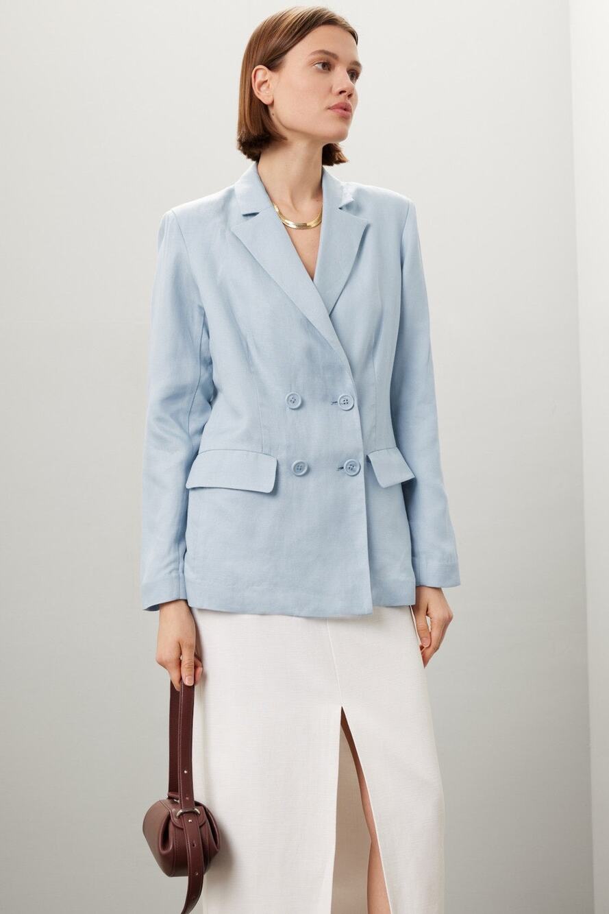 ROSETTA GETTY Light Blue Linen V-Neck Double Breasted Blazer Jacket Size 14